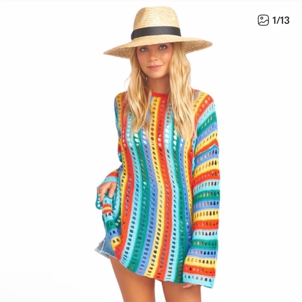 Show Me Your MuMu Multicolor Open-Knit Striped Swim Coverup
